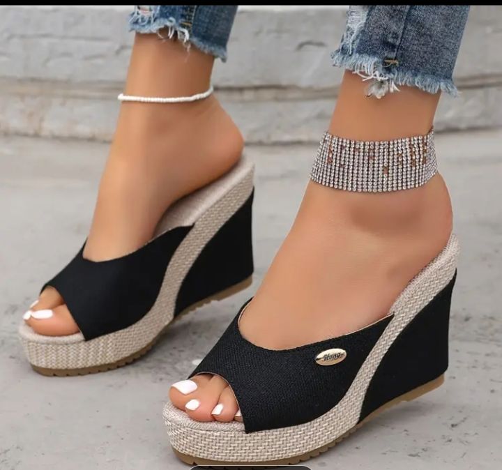 Womens Black Wedge Sandals With Buckle Details_thumbnail_0